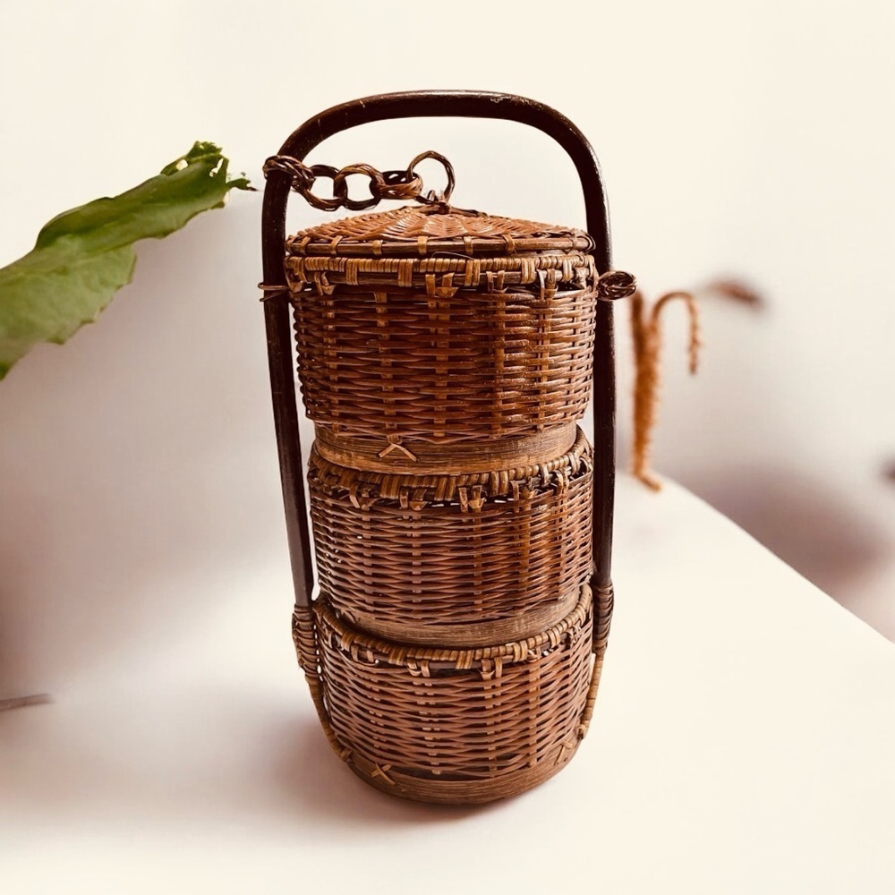 VTG Rattan Chinoiserie 3 Tier Basket with Handle | Rustic Wedding Sewing Basket